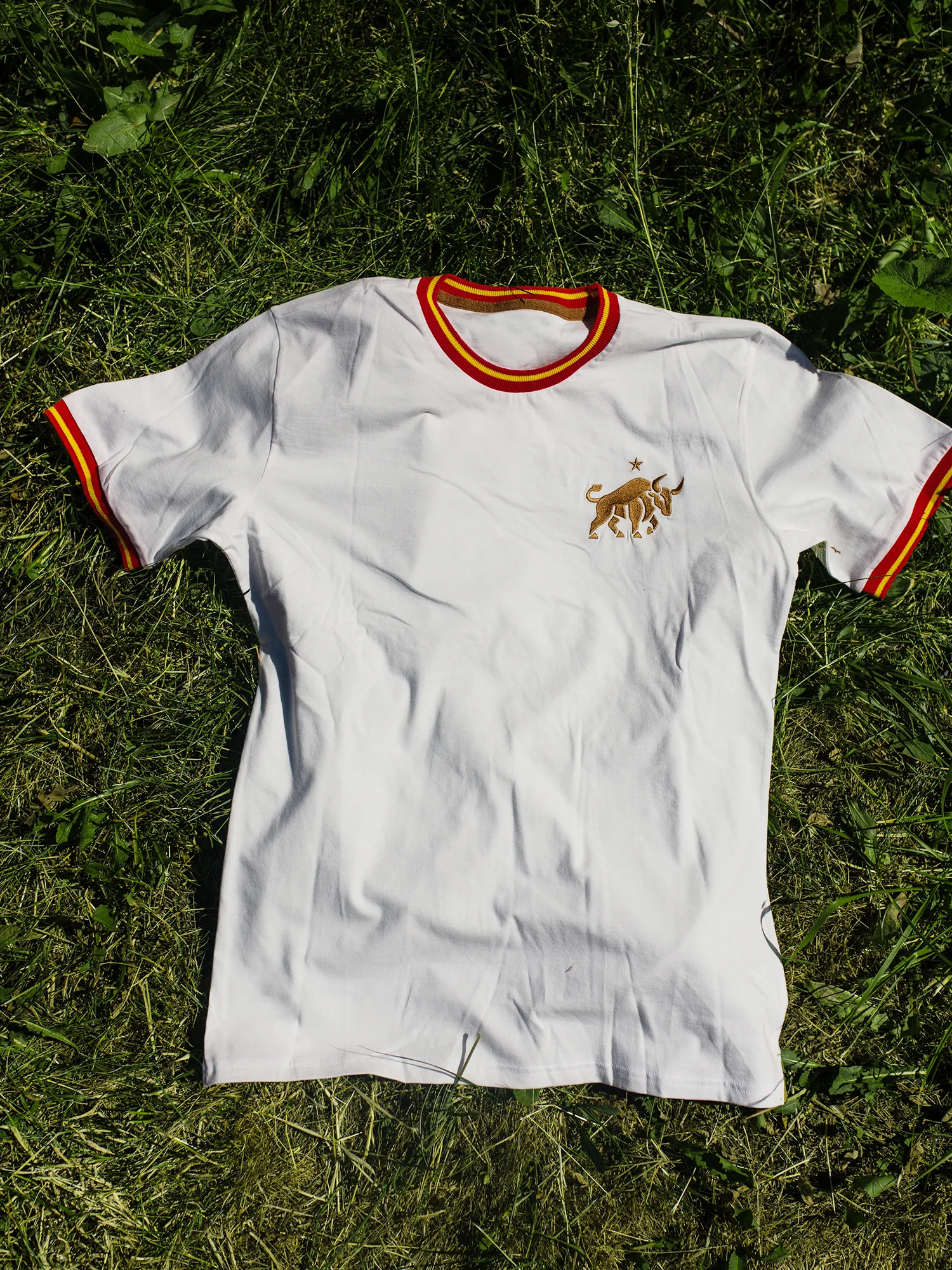 Custom white-label t-shirt with embroidery and DTF print produced under a private label